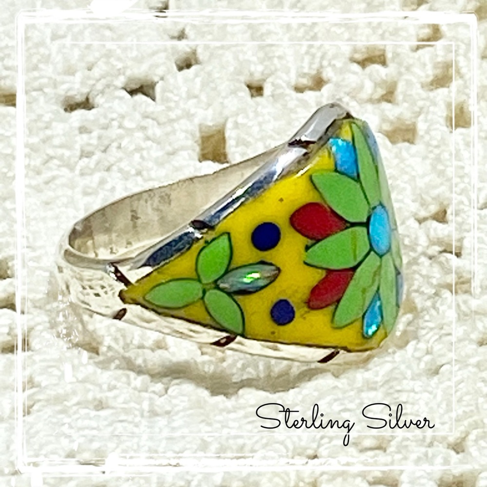 Signed-SM, Sterling Silver Multi Colored Flower Inlaid Gemstone Ring Size 9 - Picture 4 of 8